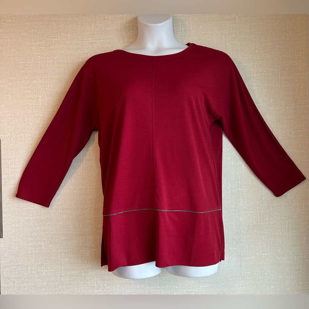 CHICOS Womens Size 1 Medium Red Tunic with Silver Trim 3/4 Dolman Sleeve